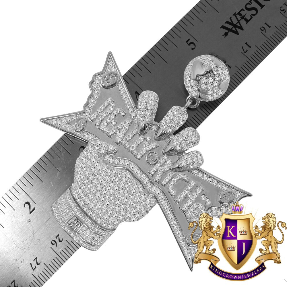 Big Bold 3'' Real Sterling Silver White Gold Finish Simulated Diamond Really Riche Custom Charm Pendent