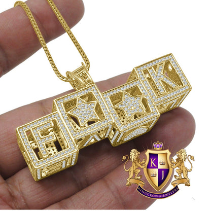 Two Sided Celebrity Wear Real Yellow Gold Sterling Silver LOVE F**K Simulated Diamond Pendent Charm Chain Set