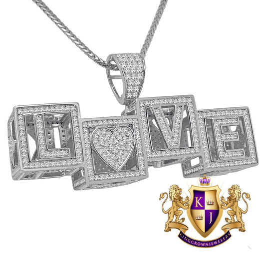 Two Sided Celebrity Wear Real White Gold On Sterling Silver LOVE F**K Simulated Diamond Pendent Charm Chain Set