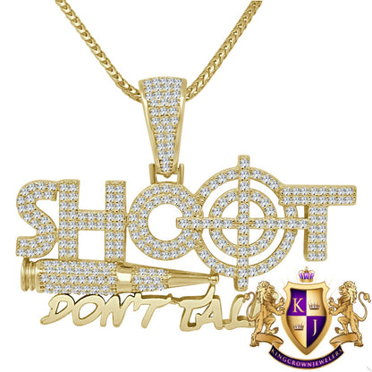 Real Yellow Gold Sterling Silver Simulated Diamond SHOOT DONT TALK Charm Custom Pendent + Chain
