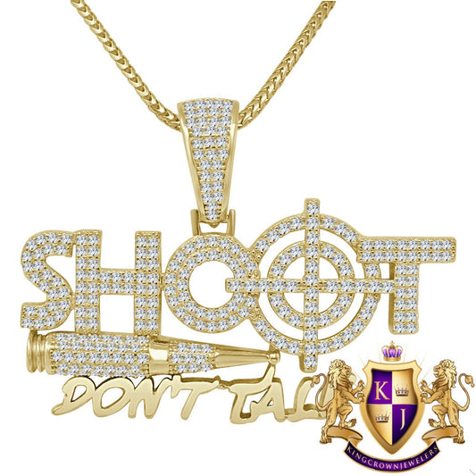 Real Yellow Gold Sterling Silver Simulated Diamond SHOOT DONT TALK Charm Custom Pendent + Chain