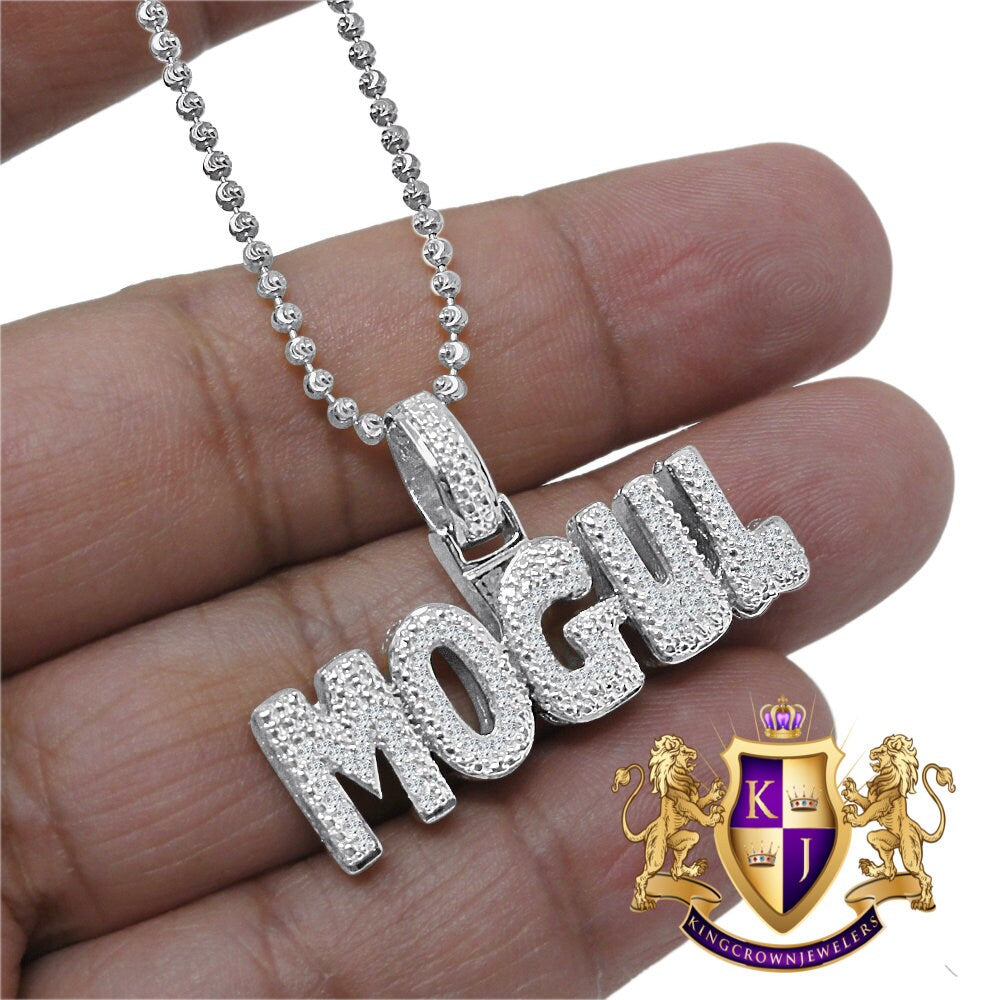 Genuine Sterling Silver White Gold Finish Mogul Charm Pendant Lab Simulated Diamond Chain Set