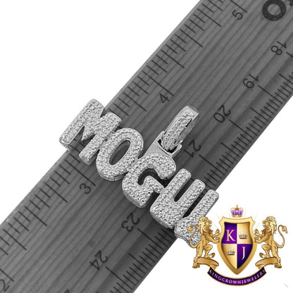 Genuine Sterling Silver White Gold Finish Mogul Charm Pendant Lab Simulated Diamond Chain Set