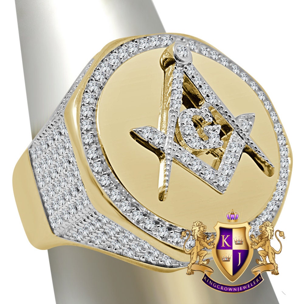 Men's Big Bold 22mm Genuine Real Sterling Silver 14k Yellow Gold On Masonic Freemason Mason G Compass 4.00 Cwt. Simulated Diamond Ring Band