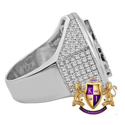 Mens Real White Gold On Sterling Silver Simulated Diamond Jesus Christ Face Lab Diamond Ring Band