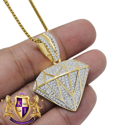 Real Yellow Gold Sterling Silver Simulated Diamond Shape 3D Custom Pendent Charm Chain Set