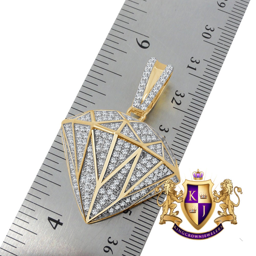 Real Yellow Gold Sterling Silver Simulated Diamond Shape 3D Custom Pendent Charm Chain Set