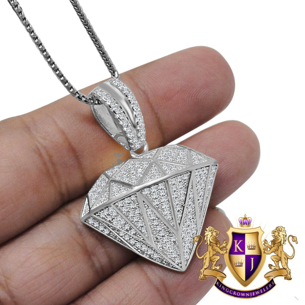 14K White Gold Over Pure Sterling Silver Simulated Diamond Shape 3D Custom Pendent Charm Chain Set
