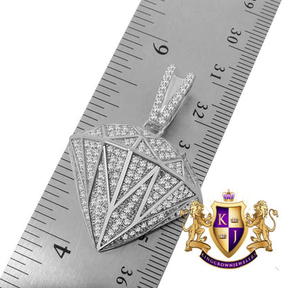 14K White Gold Over Pure Sterling Silver Simulated Diamond Shape 3D Custom Pendent Charm Chain Set