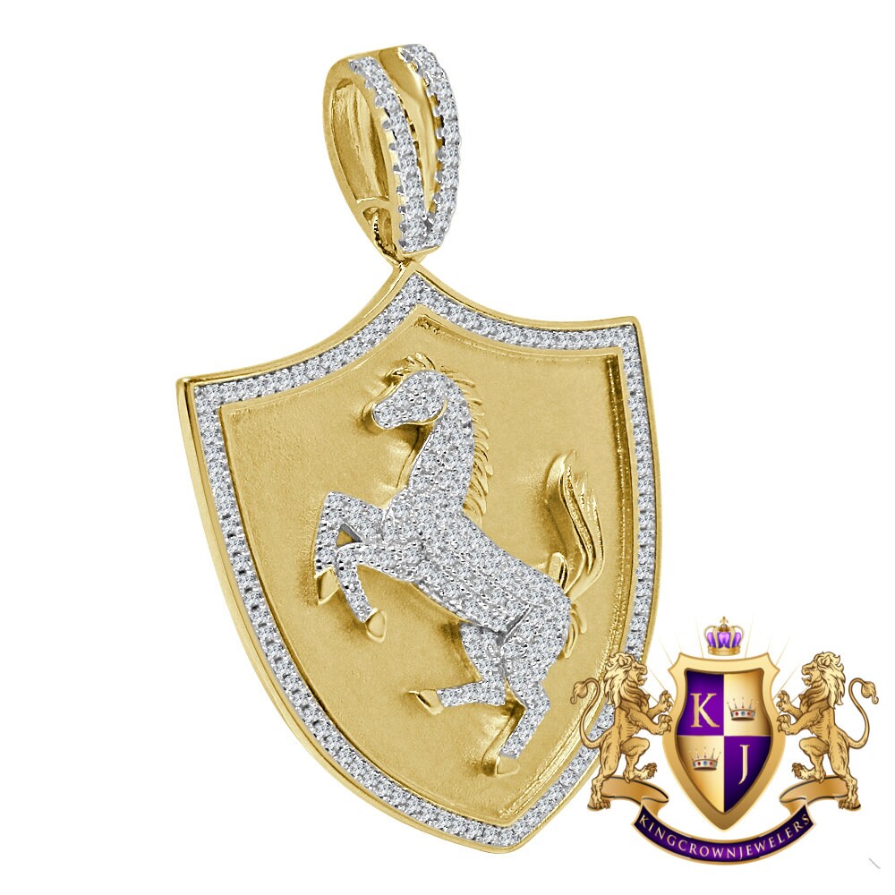 Mens Custom Piece Luxury Car Horse Shield Charm Real Yellow Gold Silver Simulated Diamond Pendent 2.5''