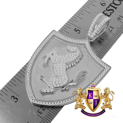 Mens Custom Piece Luxury Car Horse Shield Charm 14K White Gold On Real Silver Simulated Diamond Pendent 2.5''