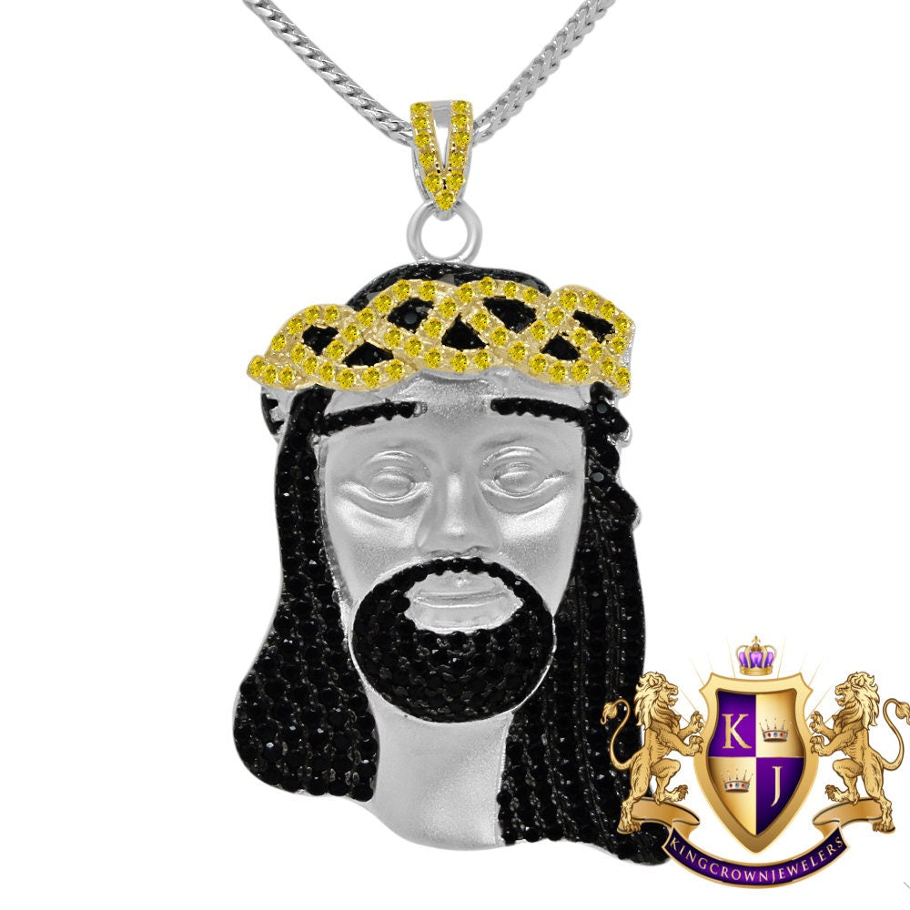 Multi Tone Real Sterling Silver Jesus Face Piece Simulated Diamond Charm Pendent XL 2.5''