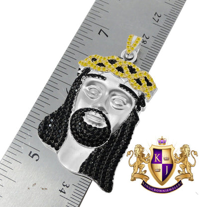 Multi Tone Real Sterling Silver Jesus Face Piece Simulated Diamond Charm Pendent XL 2.5''