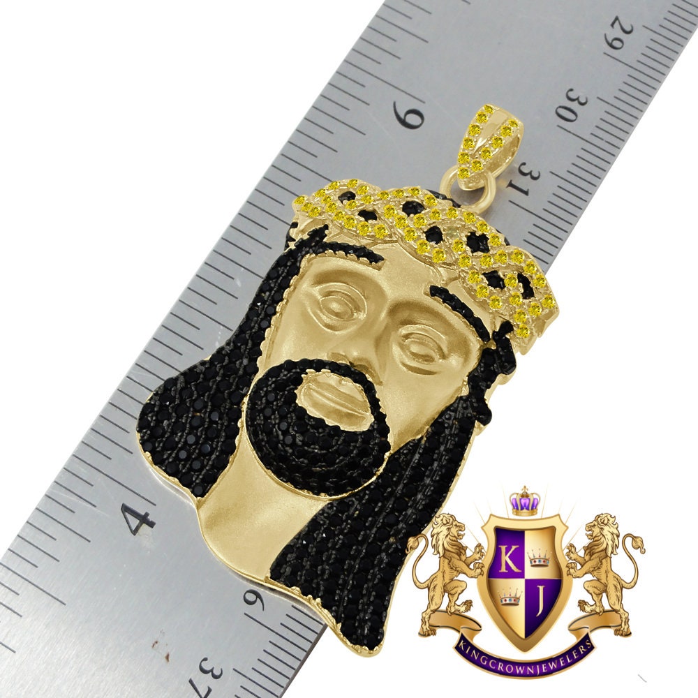 Multi Tone Real Yellow Gold Sterling Silver Jesus Face Piece Simulated Diamond Charm Pendent XL 2.5''