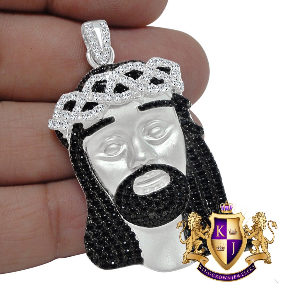 2 Tone White Gold On Real Sterling Silver Jesus Face Piece Simulated Diamond Charm Pendent XL 2.5''