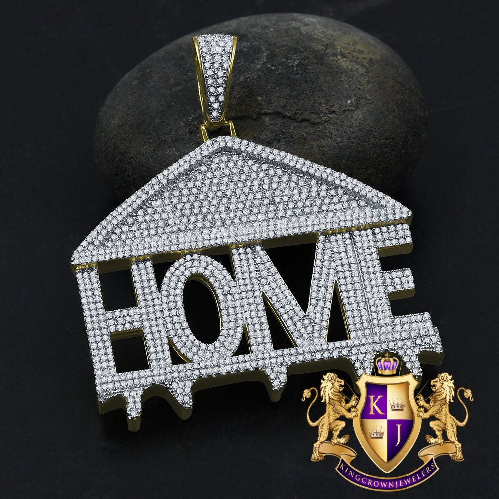 Real Yellow Gold Sterling Silver Simulated Diamond Home Sweet Home Custom Pendent Charm 2.5''