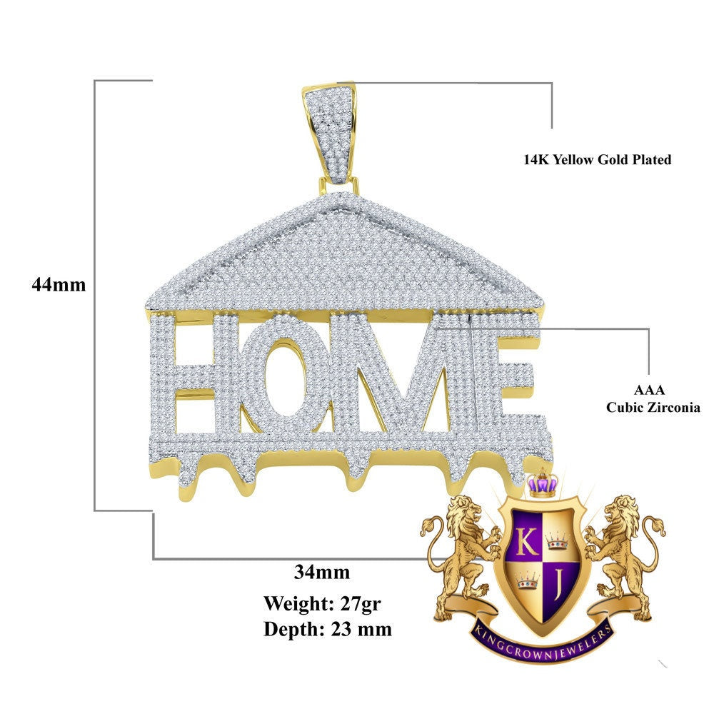 Real Yellow Gold Sterling Silver Simulated Diamond Home Sweet Home Custom Pendent Charm 2.5''