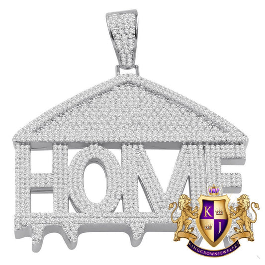 14K White Gold On Real Sterling Silver Simulated Diamond Home Sweet Home Custom Pendent Charm 2.5''