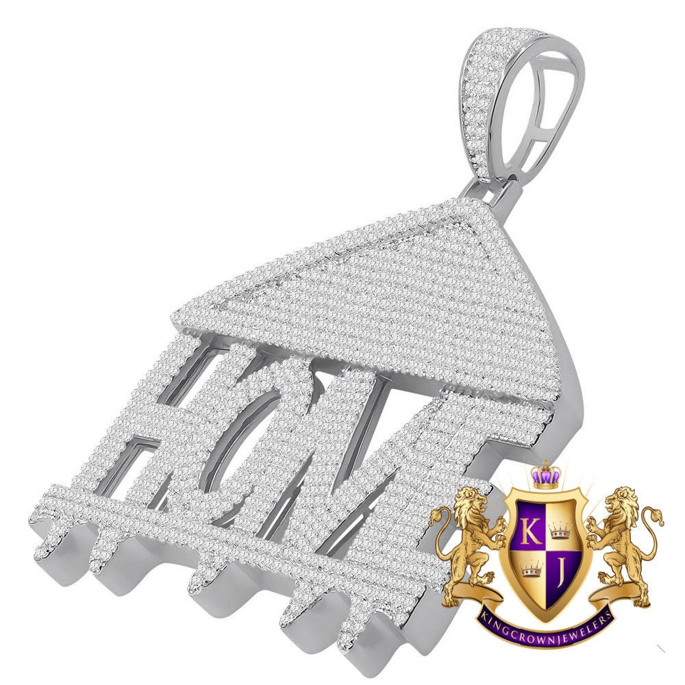 14K White Gold On Real Sterling Silver Simulated Diamond Home Sweet Home Custom Pendent Charm 2.5''