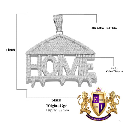 14K White Gold On Real Sterling Silver Simulated Diamond Home Sweet Home Custom Pendent Charm 2.5''