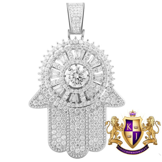 14K White Gold On Real Sterling Silver Lab Diamond Jewish Hamsa Hand Spinner Pendant Charm 2''