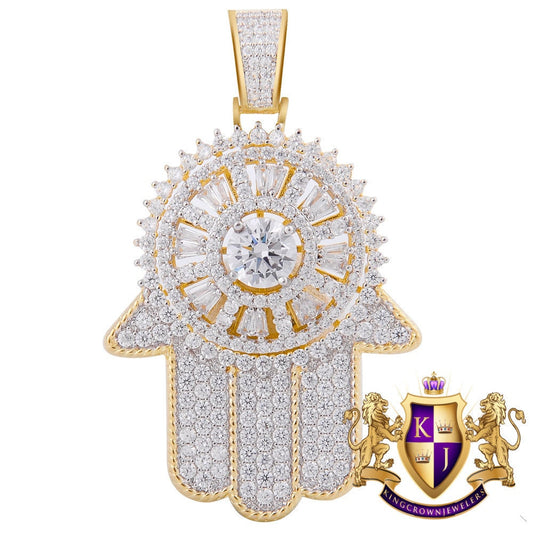 14K Yellow Gold On Real Sterling Silver Lab Diamond Jewish Hamsa Hand Spinner Pendant Charm 2''
