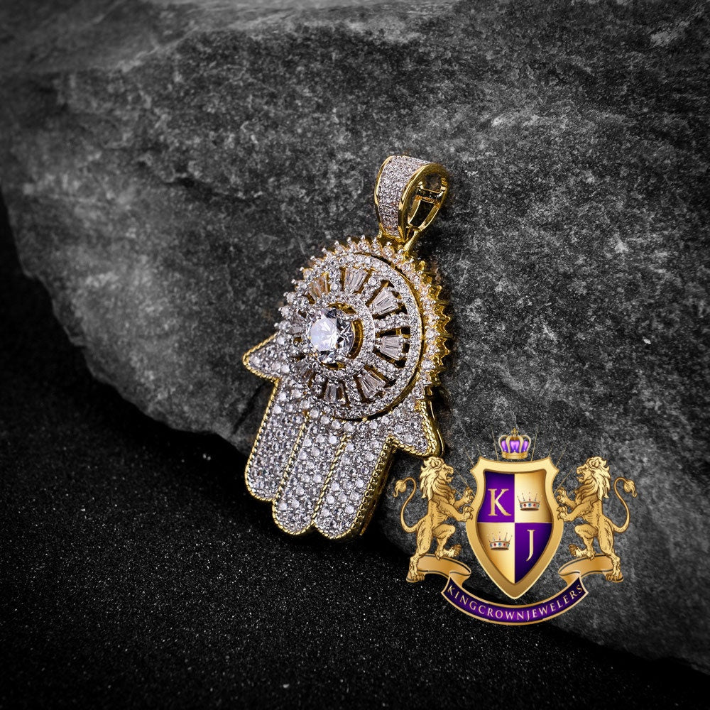 14K Yellow Gold On Real Sterling Silver Lab Diamond Jewish Hamsa Hand Spinner Pendant Charm 2''
