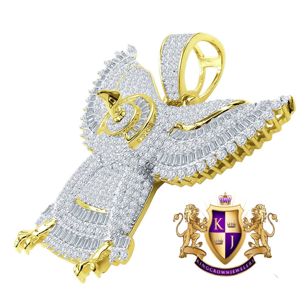 Custom Piece Real Yellow Gold Sterling Silver Simulated Diamond Falcon Eagle Pendent Charm 1.65''