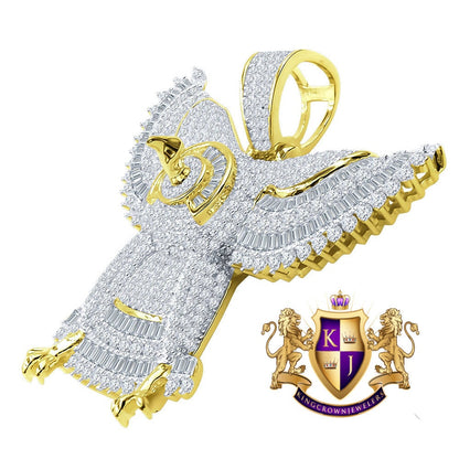 Custom Piece Real Yellow Gold Sterling Silver Simulated Diamond Falcon Eagle Pendent Charm 1.65''