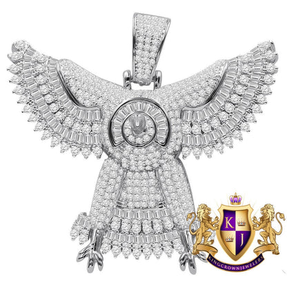 Custom Piece Real White Gold Over Sterling Silver Simulated Diamond falcon eagle Pendent Charm 1.65''