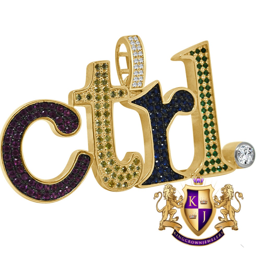 Multi Tone Real Yellow Gold Sterling Silver Keyboard Key Ctrl Pendant Lab Diamond Custom Charm Pendent