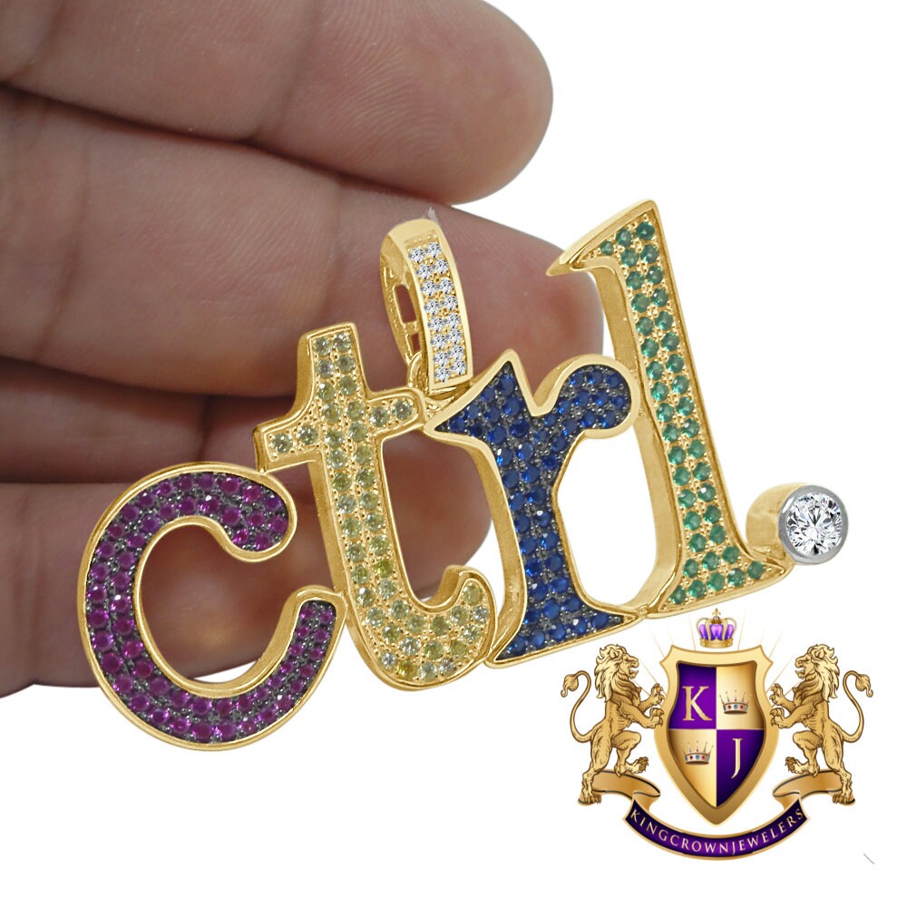 Multi Tone Real Yellow Gold Sterling Silver Keyboard Key Ctrl Pendant Lab Diamond Custom Charm Pendent