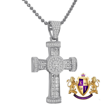 Baguette Genuine Real White Gold Sterling Silver Simulated Diamond Jesus Cross Pendant Charm Chain Set
