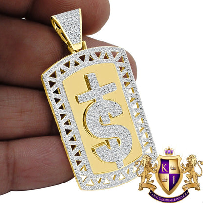 Mens Custom Piece Real Genuine Sterling Silver Dollar Sign Cross Dog Tag Diamond Pendent Charm 2''