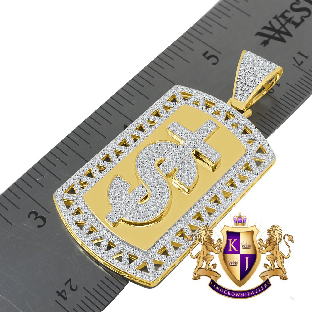 Mens Custom Piece Real Genuine Sterling Silver Dollar Sign Cross Dog Tag Diamond Pendent Charm 2''