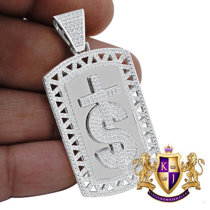 Mens Custom Piece Real White Gold On Sterling Silver Dollar Sign Cross Dog Tag Diamond Pendent Charm 2''