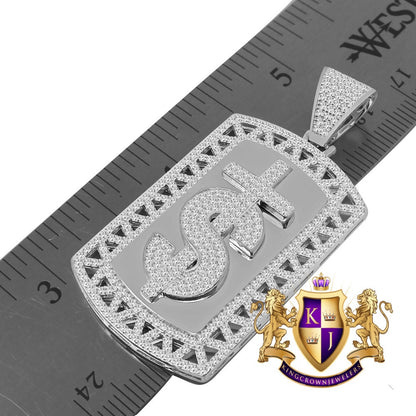 Mens Custom Piece Real White Gold On Sterling Silver Dollar Sign Cross Dog Tag Diamond Pendent Charm 2''