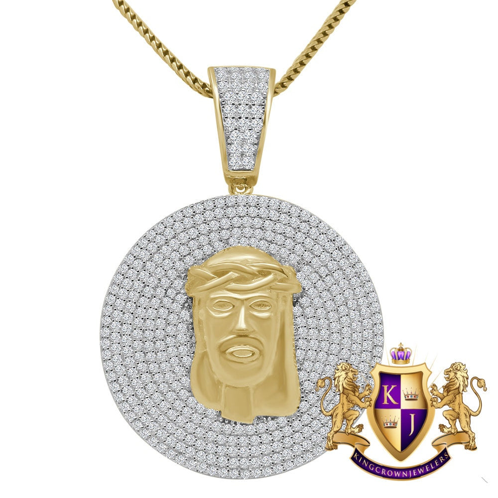 Men's Real Yellow Gold Sterling Silver Simulated Diamond Jesus Face Piece Charm Pendant Medallion 2'' + Chain