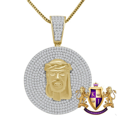 Men's Real Yellow Gold Sterling Silver Simulated Diamond Jesus Face Piece Charm Pendant Medallion 2'' + Chain