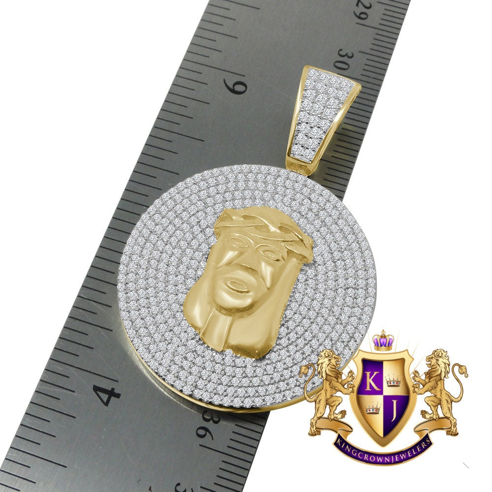 Men's Real Yellow Gold Sterling Silver Simulated Diamond Jesus Face Piece Charm Pendant Medallion 2'' + Chain