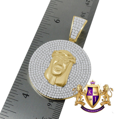 Men's Real Yellow Gold Sterling Silver Simulated Diamond Jesus Face Piece Charm Pendant Medallion 2'' + Chain