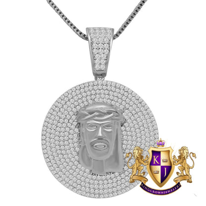 Men's Real White Gold On Sterling Silver Simulated Diamond Jesus Face Piece Charm Pendant Medallion 2'' + Chain