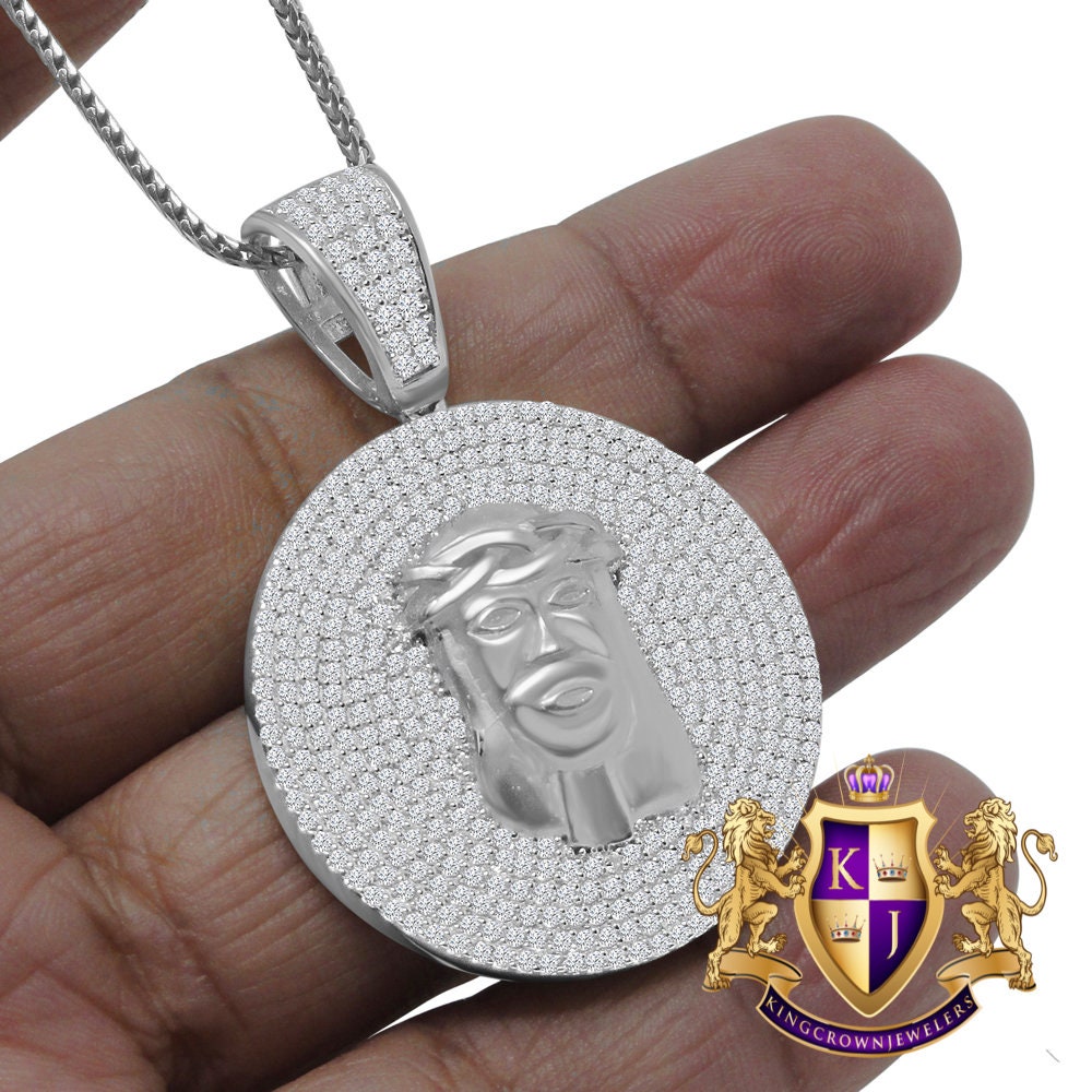 Men's Real White Gold On Sterling Silver Simulated Diamond Jesus Face Piece Charm Pendant Medallion 2'' + Chain