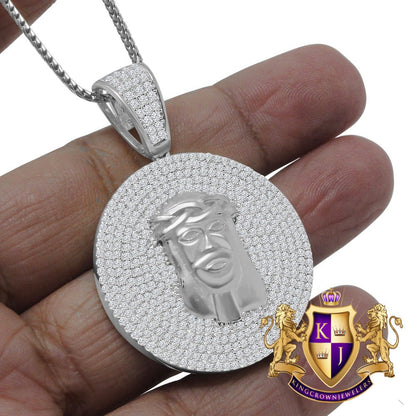 Men's Real White Gold On Sterling Silver Simulated Diamond Jesus Face Piece Charm Pendant Medallion 2'' + Chain