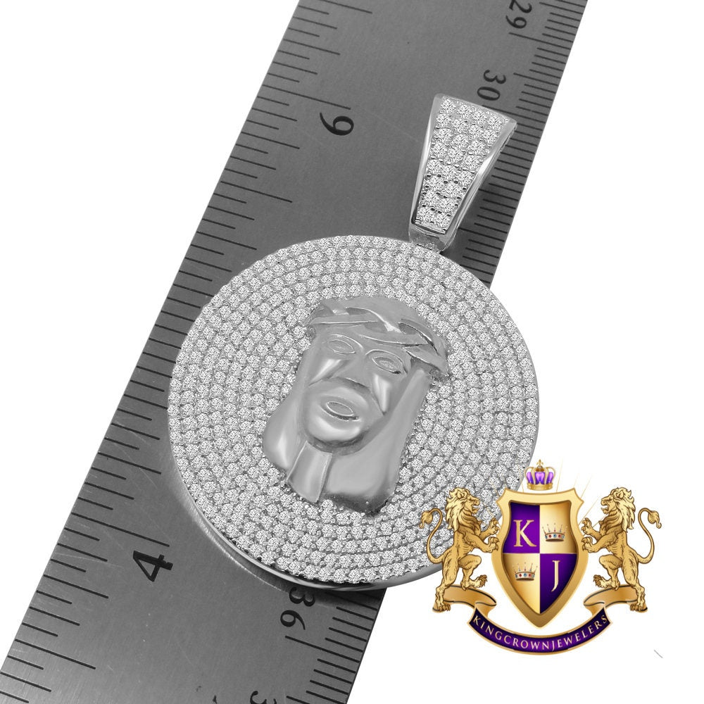 Men's Real White Gold On Sterling Silver Simulated Diamond Jesus Face Piece Charm Pendant Medallion 2'' + Chain