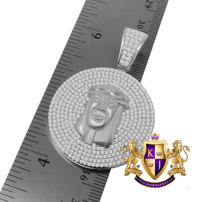Men's Real White Gold On Sterling Silver Simulated Diamond Jesus Face Piece Charm Pendant Medallion 2'' + Chain