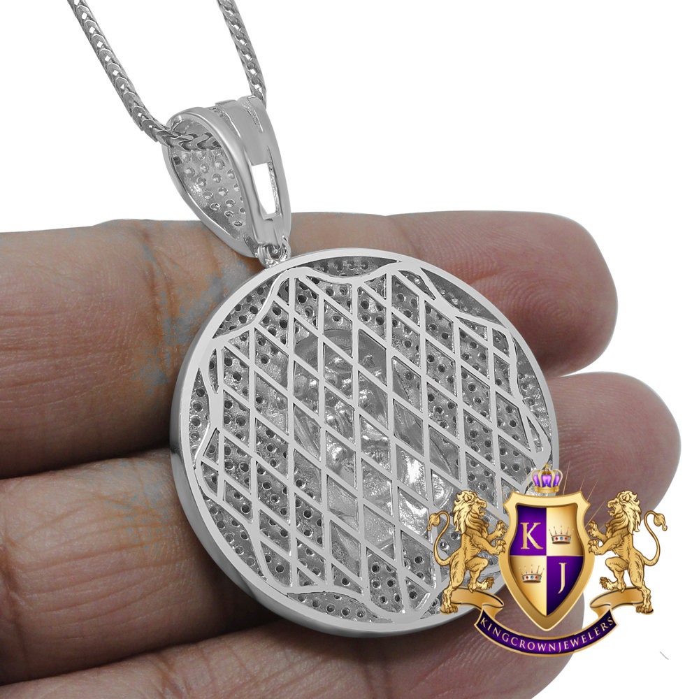 Men's Real White Gold On Sterling Silver Simulated Diamond Jesus Face Piece Charm Pendant Medallion 2'' + Chain