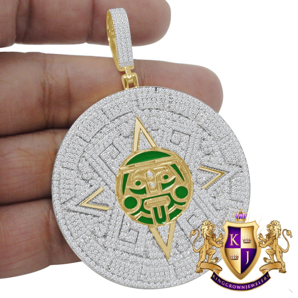 49+ Grams Exclusive Custom Piece Big XL 3'' Real Genuine Sterling Silver Simulated Diamond  Mayan Aztec Sun Calendar Medallion Pendant Charm