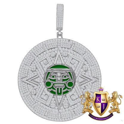 Exclusive Custom Piece Big XL 3'' White Gold On Sterling Silver Lab Diamond  Mayan Aztec Sun Calendar Medallion Pendent Charm 49+ Grams