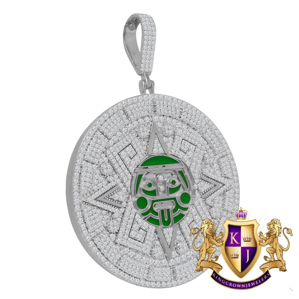 Exclusive Custom Piece Big XL 3'' White Gold On Sterling Silver Lab Diamond  Mayan Aztec Sun Calendar Medallion Pendent Charm 49+ Grams